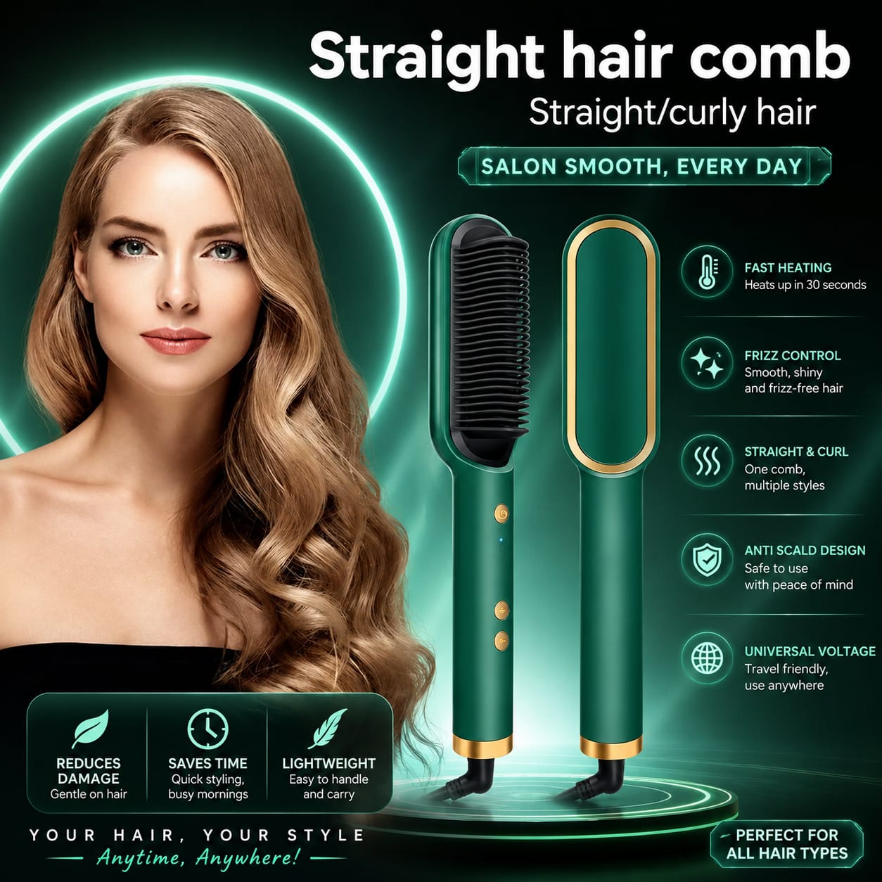 Hair Straightener Comb for Women Hair Straightener Brush  (Multicolor)